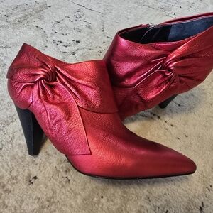 PAIGE Metallic Red Knot-Accent Pointed Ankle Boots